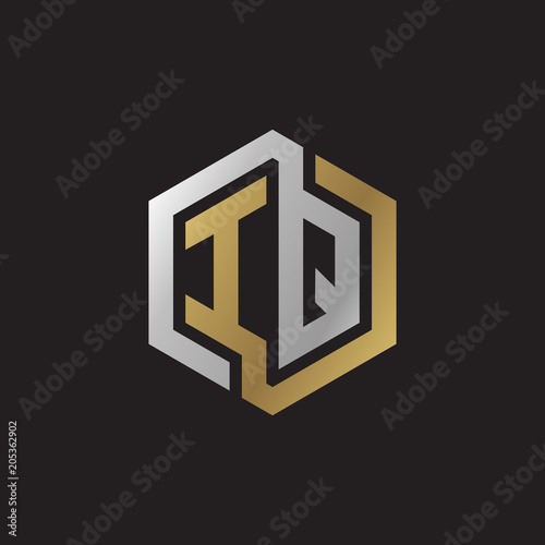 Initial letter IQ, looping line, hexagon shape logo, silver gold color on black background