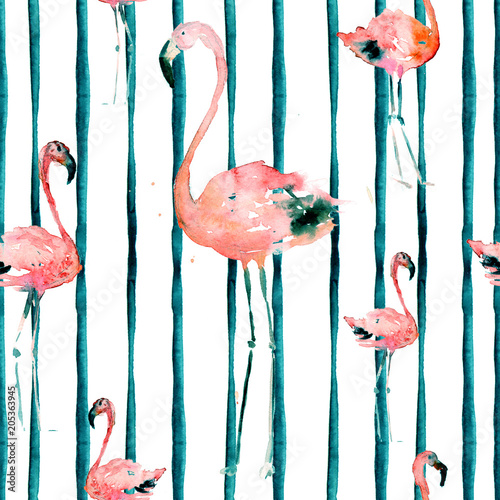 Obraz na płótnie Ręcznie rysowane Illlustration z Flamingo i paski. Motyw egzotycznej plaży letniej. Projektowanie strojów kąpielowych, pakowanie, tło, tapeta, tkanina. Hawajski wydruk. Powtarzający się ornament ptaków w dżungli. Afryka.