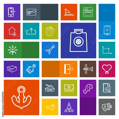 Modern, simple, colorful vector icon set with guitar, musical, money, house, sale, megaphone, business, screen, phone, bank, escape, property, geometry, sea, display, music, speaker, loudspeaker icons