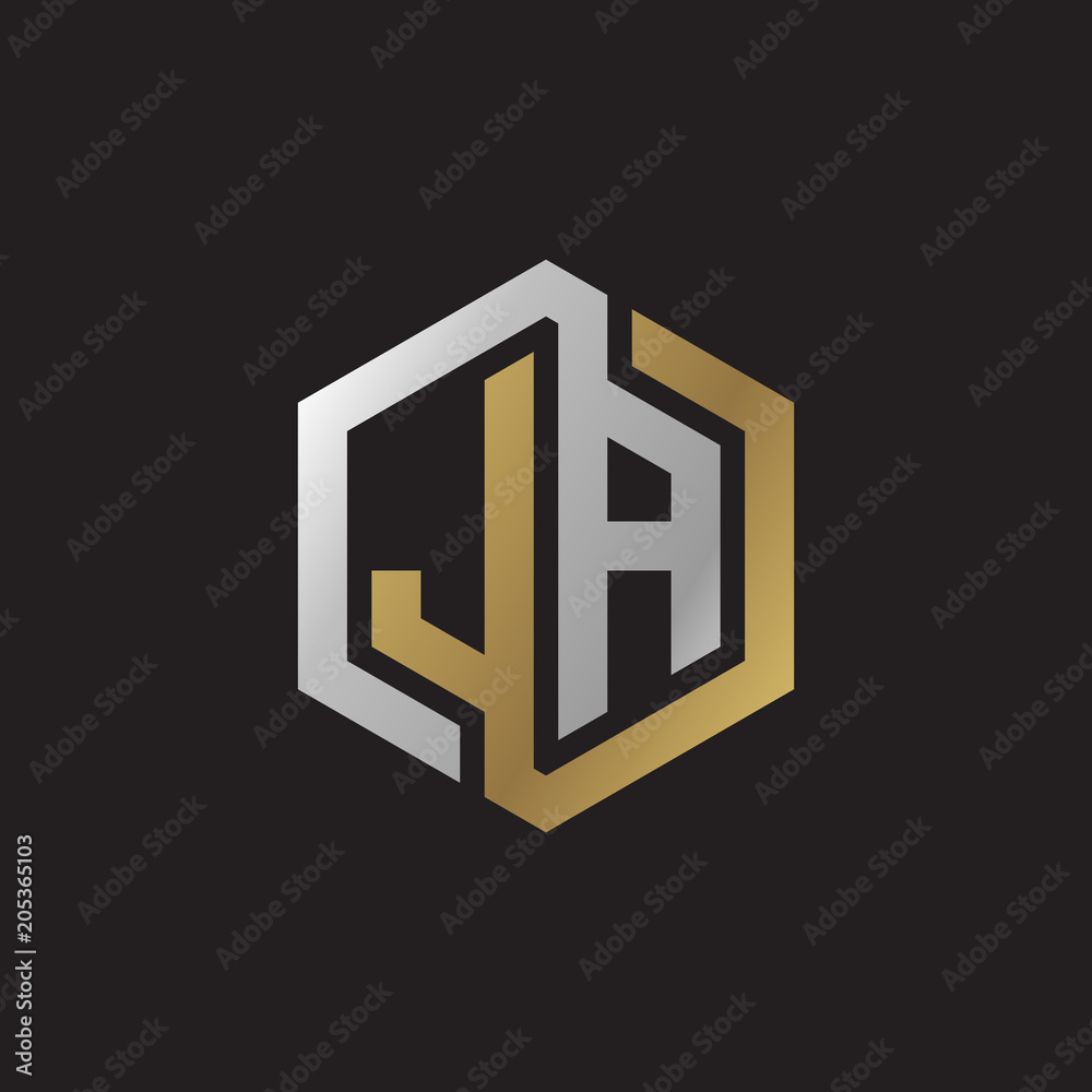 Obraz premium Initial letter JA, looping line, hexagon shape logo, silver gold color on black background