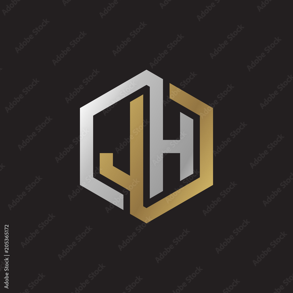 Initial letter JH, looping line, hexagon shape logo, silver gold color on black background Initial letter JH, looping line, hexagon shape logo, silver gold color on black background