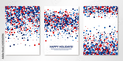 Banners set with red, white, blue confetti on white. Vector flyer design templates. All layered and isolated