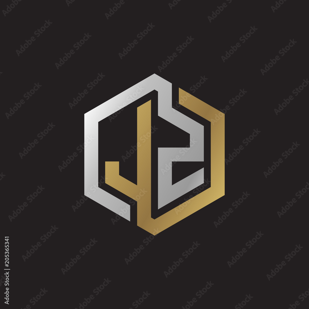 Initial letter JZ, looping line, hexagon shape logo, silver gold color on black background Initial letter JZ, looping line, hexagon shape logo, silver gold color on black background