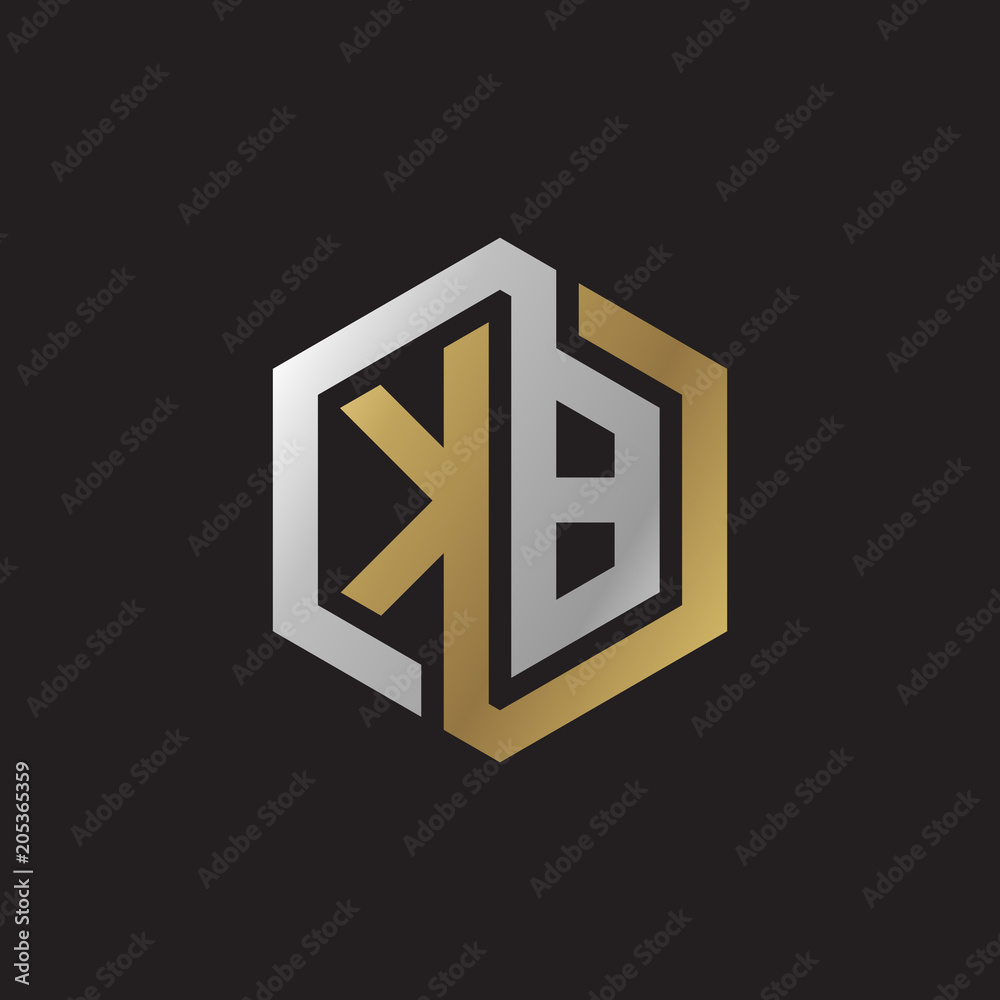 Initial letter KB, looping line, hexagon shape logo, silver gold color on black background Initial letter KB, looping line, hexagon shape logo, silver gold color on black background