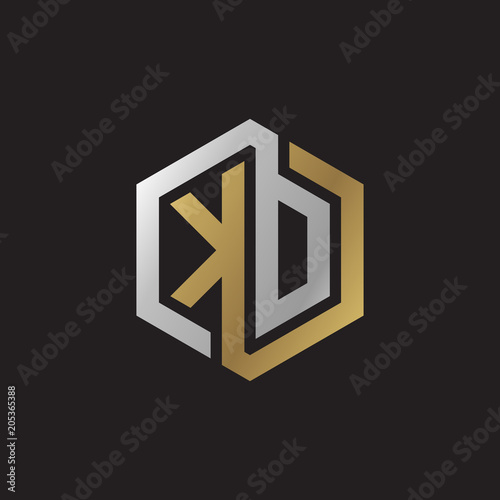 Initial letter KD, KO, looping line, hexagon shape logo, silver gold color on black background