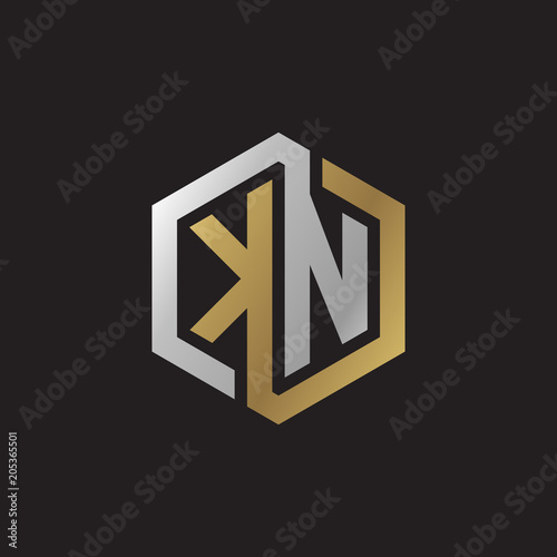 Initial letter KN, looping line, hexagon shape logo, silver gold color on black background