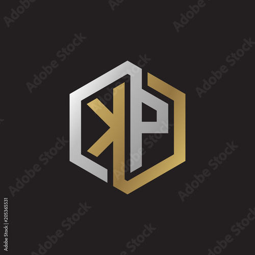Fotografie Initial letter KP, looping line, hexagon shape logo, silver gold color on black