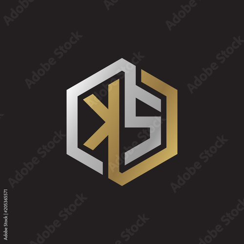 Initial letter KS, looping line, hexagon shape logo, silver gold color on black background