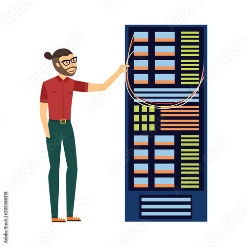 Modern it specialist man in glasses in computer server rack at data center, database icon. Hardware information storage, internet cloud computing symbol. Vector flat isolated illustration.