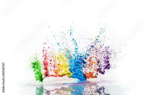 Explosion of colored powder on white background