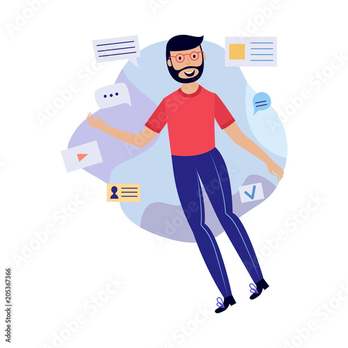 Chatting boy concept - young man flies in weightlessness surrounded by chat elements and message bubbles isolated on white background. Cartoon vector illustration of online communication.