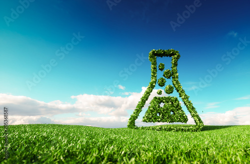 Eco friendly, bio, no waste, zero pollution, pesticide free agriculture or/and biofuel concept. 3d rendering of thumbs up icon on fresh spring meadow with blue sky in background.
