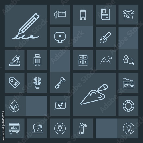 Modern, simple, dark vector icon set with lighthouse, pencil, chart, business, ocean, tag, house, music, male, security, boy, forest, template, construction, price, key, door, hand, beacon, man icons