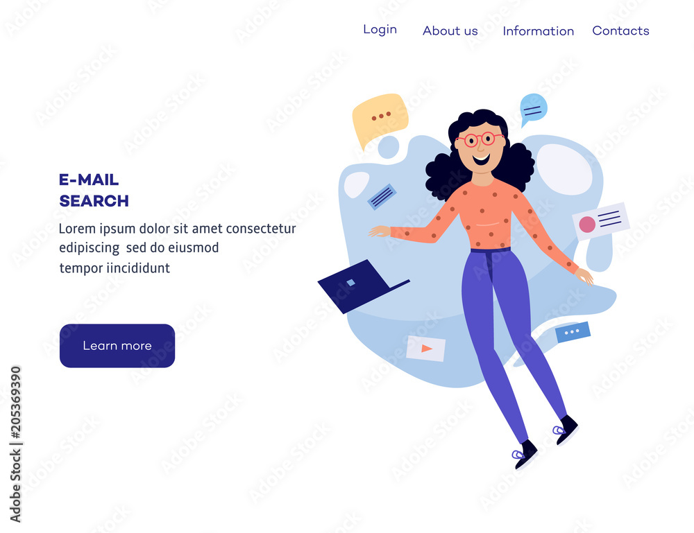 Woman in information surroundings - smiling flat cartoon female character flying in environment of e-mails and messages on web page template. Isolated vector illustration. Woman in information surroundings - smiling flat cartoon female character flying in environment of e-mails and messages on web page template. Isolated vector illustration.