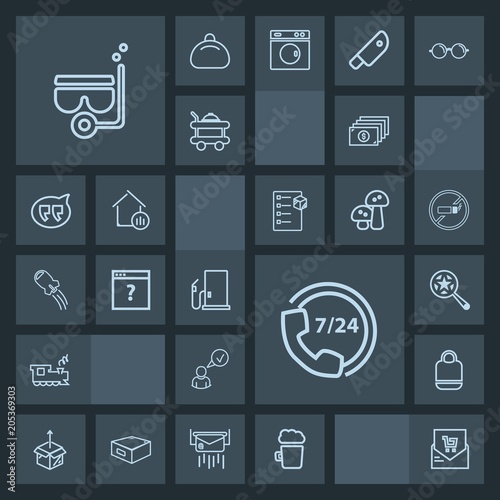 Modern, simple, dark vector icon set with fashion, operator, support, online, sea, transport, magnifying, find, travel, receipt, retail, box, unpacking, help, search, cardboard, drink, complete icons