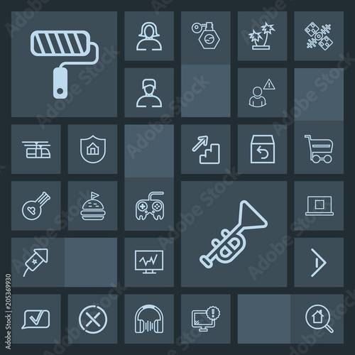 Modern, simple, dark vector icon set with lunch, button, jazz, profile, desktop, monitor, roller, bread, paint, brush, warning, computer, network, right, tomato, event, diagnostic, doctor, bugle icons