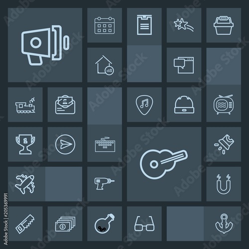 Modern, simple, dark vector icon set with airplane, work, ship, screen, computer, saw, plane, announcement, movie, keyboard, drill, aircraft, communication, loudspeaker, loud, magnetic, white icons