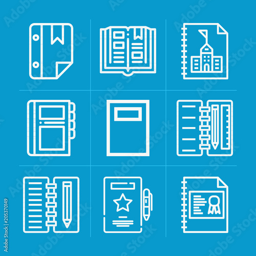 Outline notebook 9 vector icons set. notebook icon page symbol for your web site design notebook icon logo, app, ui. notebook icon vector illustration, eps10.