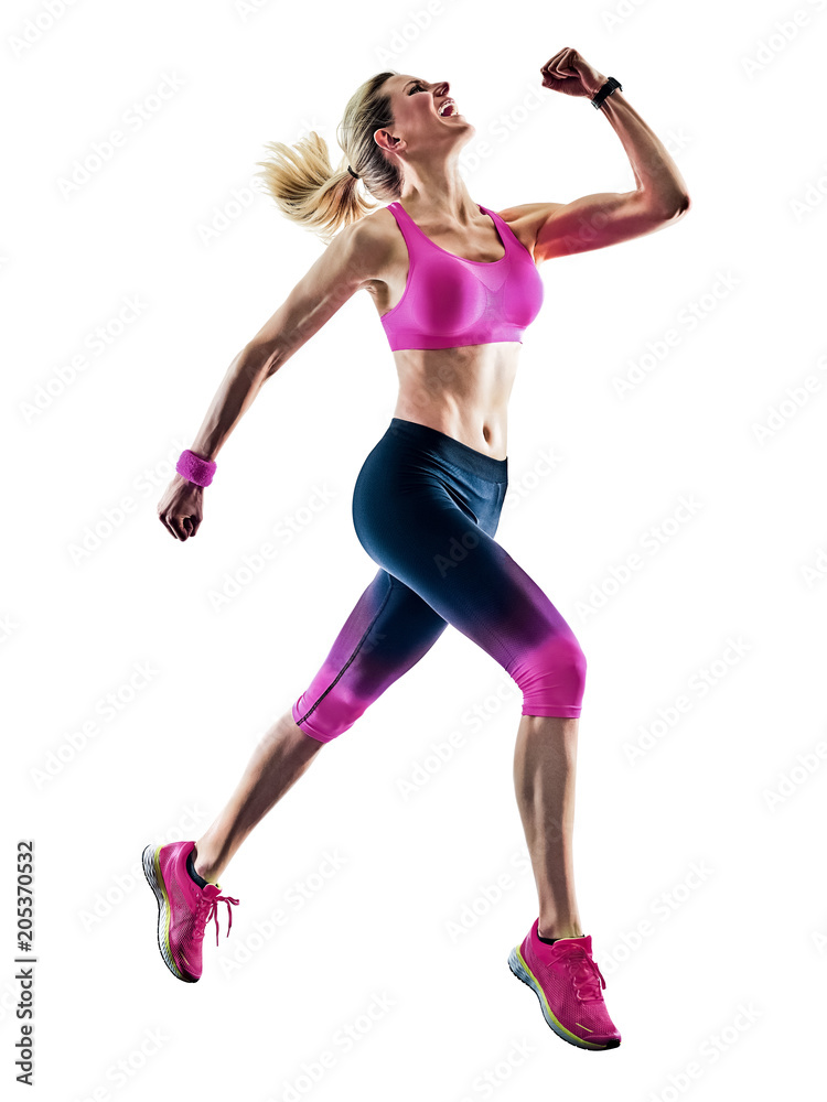 one caucasian woman sport runner running jogger jogging happy isolated on white background