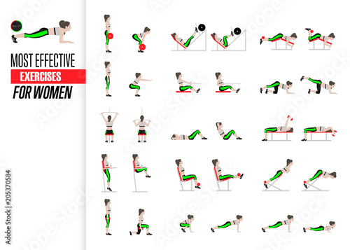 Set of sport exercises. Exercises with free weight. Exercises in a gym. Illustration of an active lifestyle. Vector