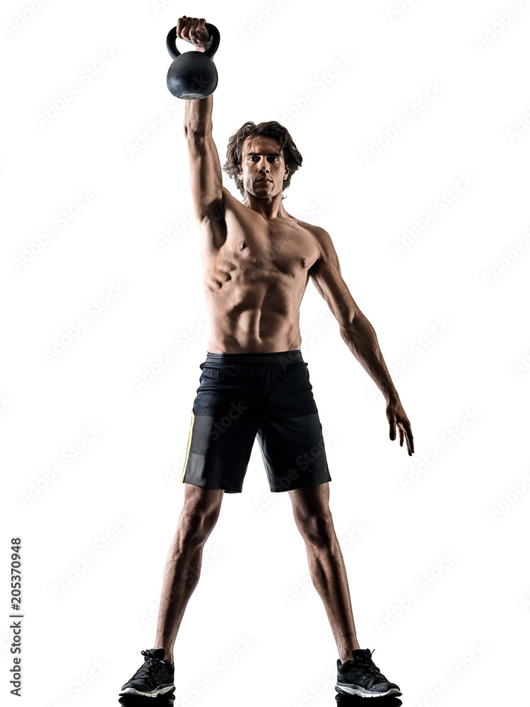 one caucasian man fitness weitghs training exercises studio in silhouette isolated on white background one caucasian man fitness weitghs training exercises studio in silhouette isolated on white background