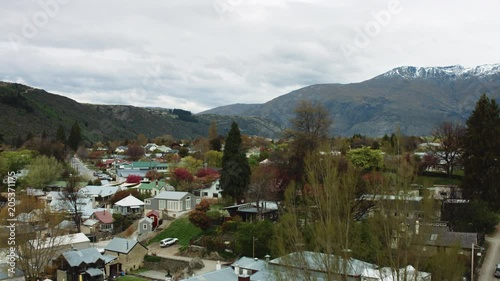 Wide drone shot revealing Arrowtown, New Zealand photo