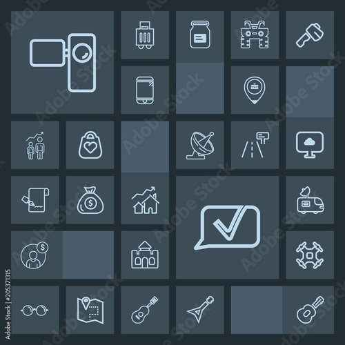 Modern, simple, dark vector icon set with account, musical, camera, banking, technology, castle, financial, drone, aerial, real, architecture, property, communication, satellite, retro, van, tv icons