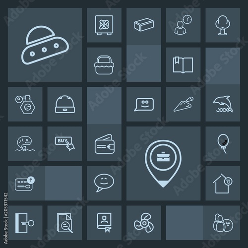Modern, simple, dark vector icon set with fan, house, cash, game, open, sign, landlord, wallet, money, ventilator, cool, speech, purse, pin, door, message, job, web, air, buy, technology, ufo icons