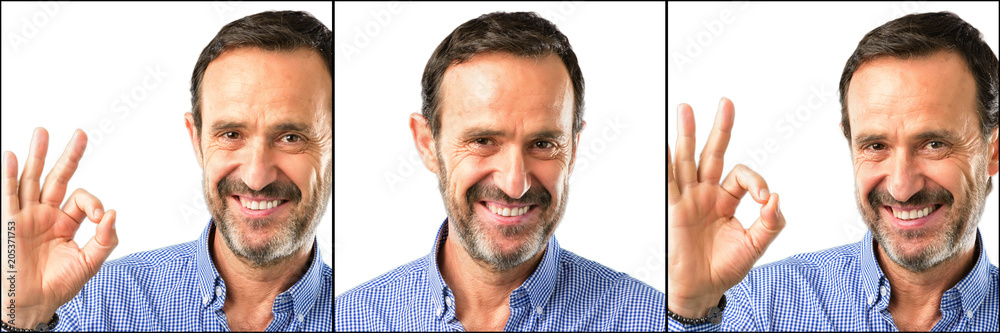 Middle age handsome man closeup doing ok sign with hand, approve gesture Middle age handsome man closeup doing ok sign with hand, approve gesture