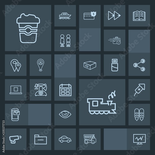 Modern, simple, dark vector icon set with , day, phone, train, drink, dump, sitting, weapon, calendar, transport, tipper, coffee, festival, cup, doctor, email, technology, body, office, schedule icons