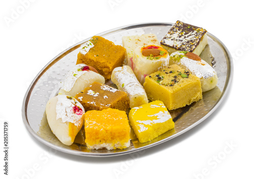 Indian Delicious Mix Sweet Food or Mix Mithai isolated on White Background