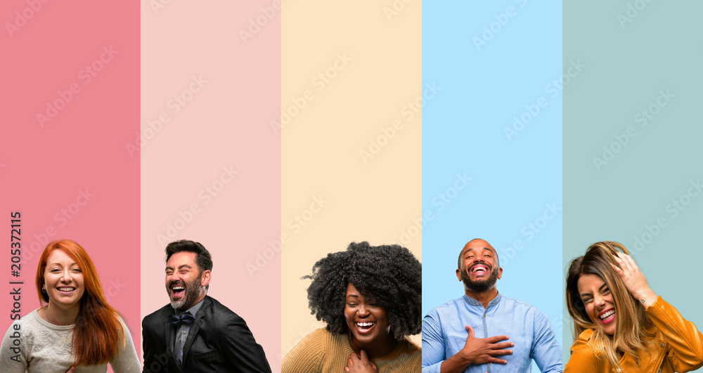 Cool group of people, woman and man confident and happy with a big natural smile laughing - obrazy, fototapety, plakaty 
