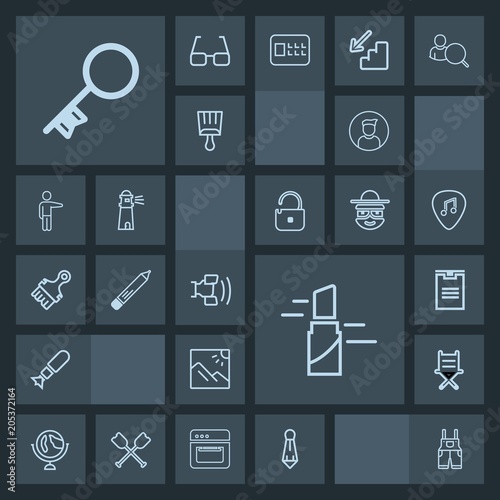 Modern, simple, dark vector icon set with security, furniture, internet, armchair, landscape, shipping, world, work, tie, package, bomb, box, key, fashion, planet, profile, technology, sign, red icons