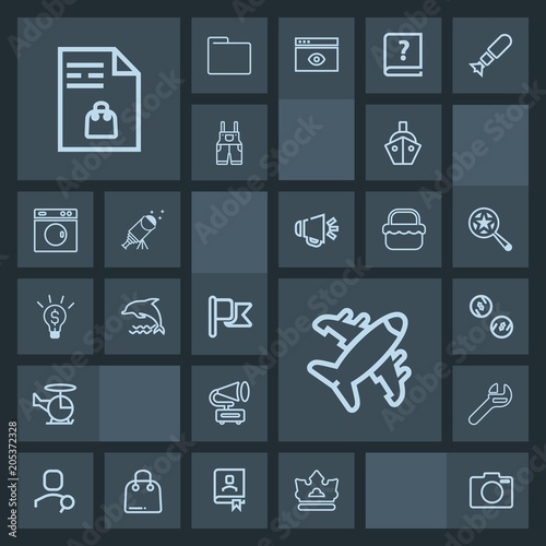 Modern, simple, dark vector icon set with air, list, transportation, wrench, computer, gramophone, travel, flag, account, sea, airplane, flight, vintage, lens, aircraft, money, internet, finance icons