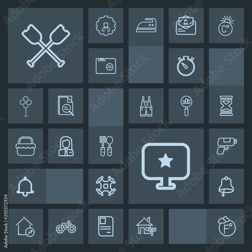 Modern, simple, dark vector icon set with pistol, technology, job, notification, bell, water, temperature, ring, house, business, watch, clock, boat, home, computer, drone, game, kitchen, dinner icons