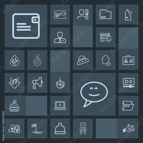 Modern, simple, dark vector icon set with interior, bread, player, blank, web, notebook, laptop, upload, bubble, tipper, staff, paper, screen, worker, sandwich, chair, folder, truck, wallet icons
