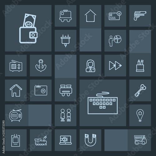 Modern, simple, dark vector icon set with truck, watch, video, business, sign, antenna, field, badge, presentation, boy, dump, computer, pin, map, people, money, label, location, work, spy, girl icons