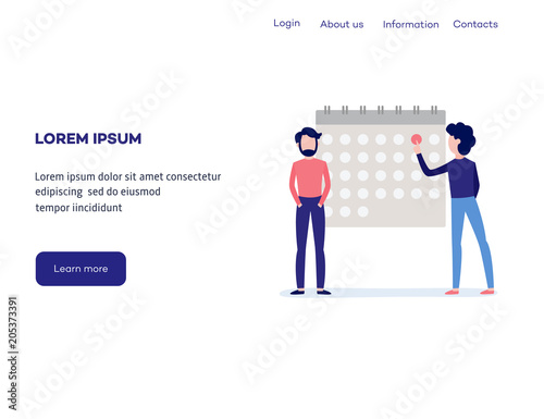 Time and terms of assignment concept at web page template - men marking date on calendar with red color. Time management and deadline or organizing website banner, flat vector illustration.