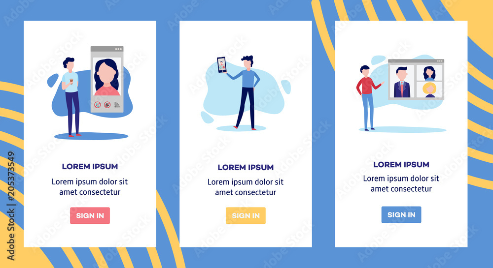 Online video call chat conference banners set with men using smartphone and computer application to communicate with other people over web camera, flat vector illustration. Online video call chat conference banners set with men using smartphone and computer application to communicate with other people over web camera, flat vector illustration.