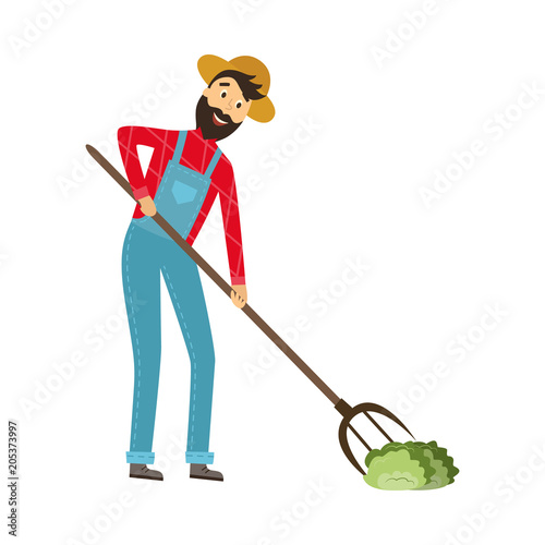 Cheerful farmer holding pitchfork working at field with crops. Flat smiling male character in working clothing with beard wearing hat. Agriculture occupation rural man. Vector illustration