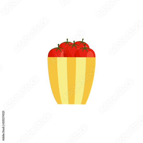 Ripe raw tomato in bowl icon. Red healthy food, vegetable full of vitamins. Fresh nutritions source, dieting and healthy life style symbol. Vector flat illustration isolated