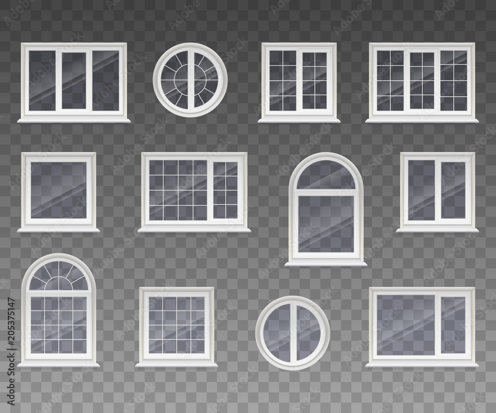 Set of closed square, rectangular, round and arched windows with