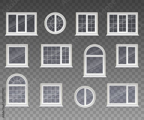 Set of closed square, rectangular, round and arched windows with transparent glass in a white frame. Isolated on a transparent background. Vector photo
