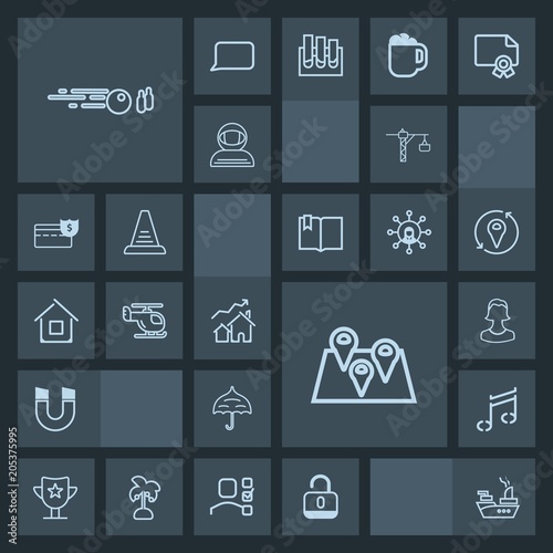 Modern, simple, dark vector icon set with map, strike, science, ball, sport, sea, hit, hammer, magnetic, travel, protection, ship, reward, property, field, music, military, increase, prize, real icons