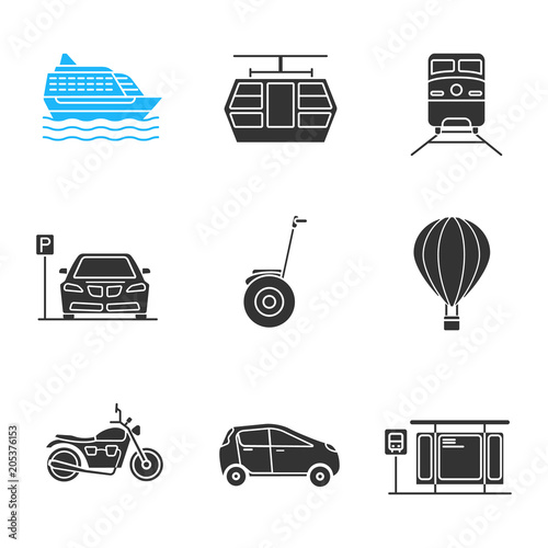 Public transport glyph icons set