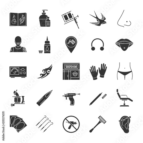 Tattoo studio glyph icons set