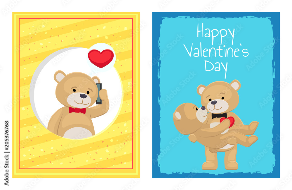 Happy Valentines Day Posters Set Plush Bears Toys