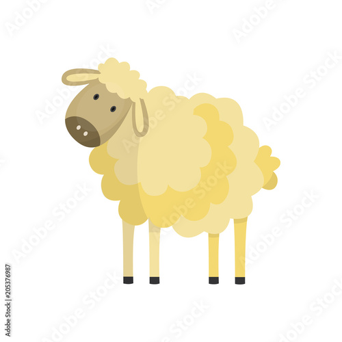 Cute white sheep, lamp with fluffy wool hand drawn smiling character icon. Farm animal, livestock used for meat and wool. Rural mammal. Vector flat isolated illustration
