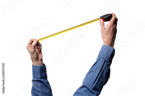 man's hand holding a tape measure on white background with clipping path and copy space