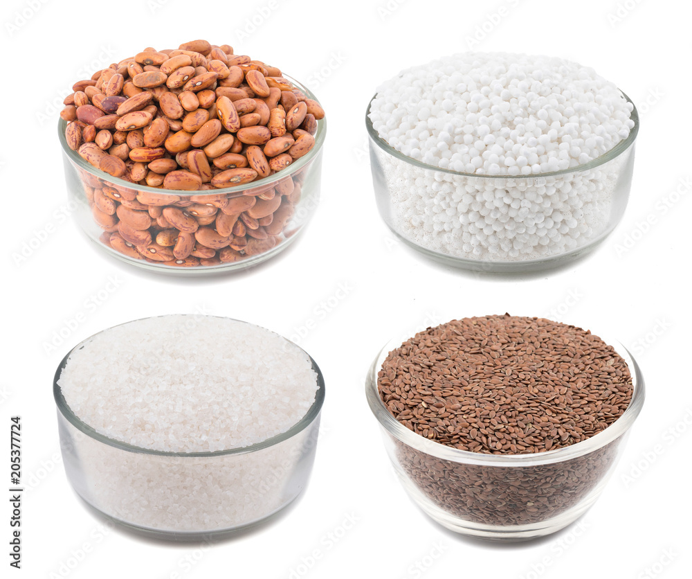 Collage of Seeds Food in Red Kidney Bean, Sago, Sugar or Flax Seed isolated on White Background Collage of Seeds Food in Red Kidney Bean, Sago, Sugar or Flax Seed isolated on White Background